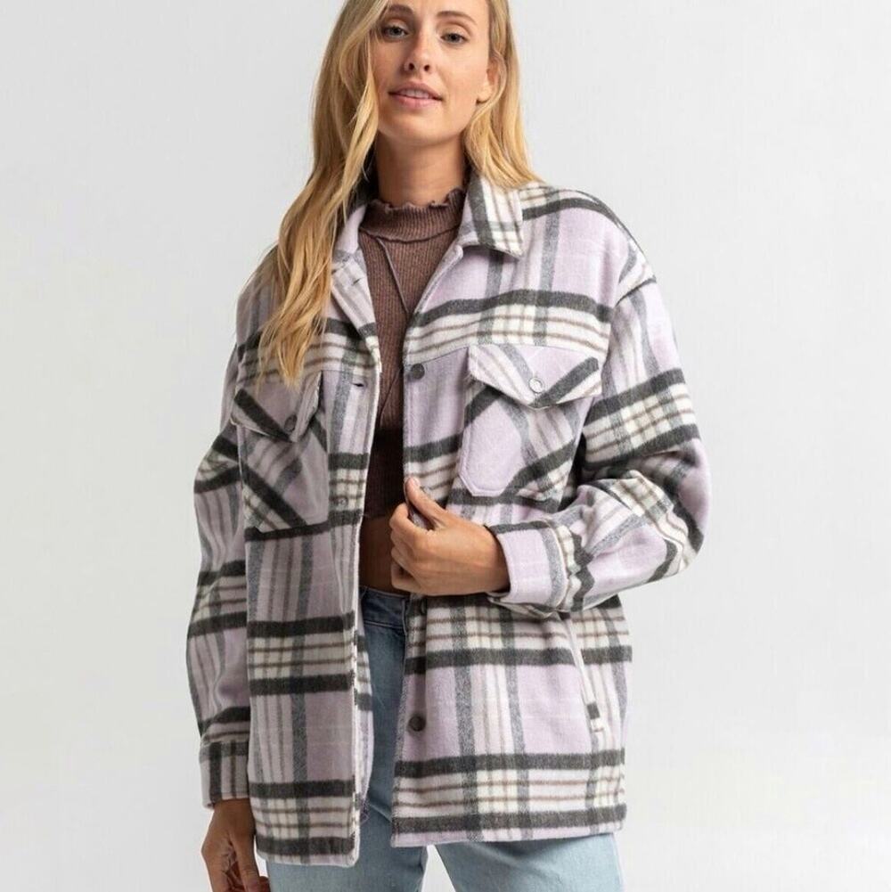 RSQ Women's Plaid Shacket Shirt Jacket Lilac Gray Size Large